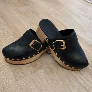 Schutz Leather Black Clog with Gold Buckle & Studs Size 8